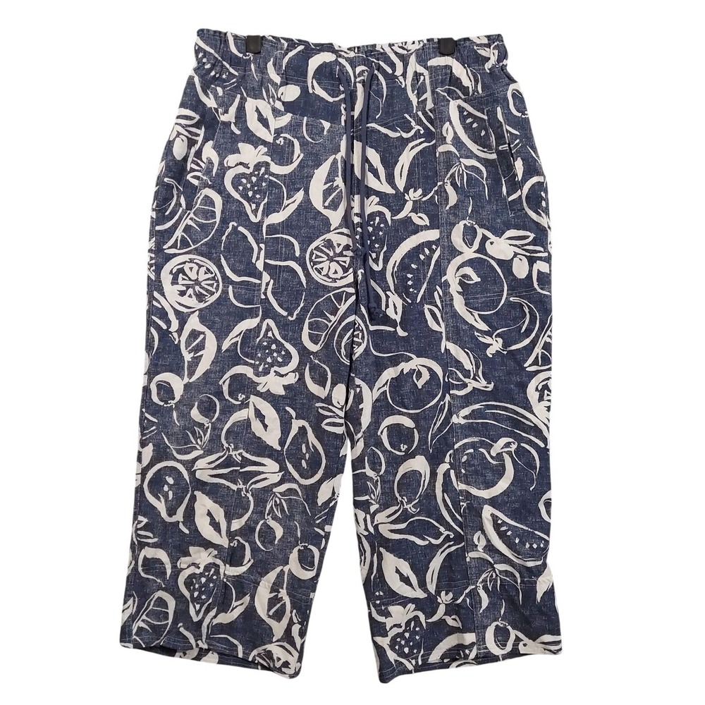 Zac & Rachel Pants Womens L Blue Linen Rayon Wide Leg Cropped Floral Print Twill